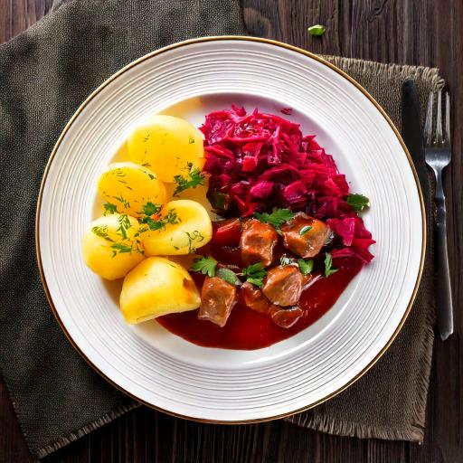 Pfefferpotthast mit Salzkartoffeln und Rote-Bete-Salat